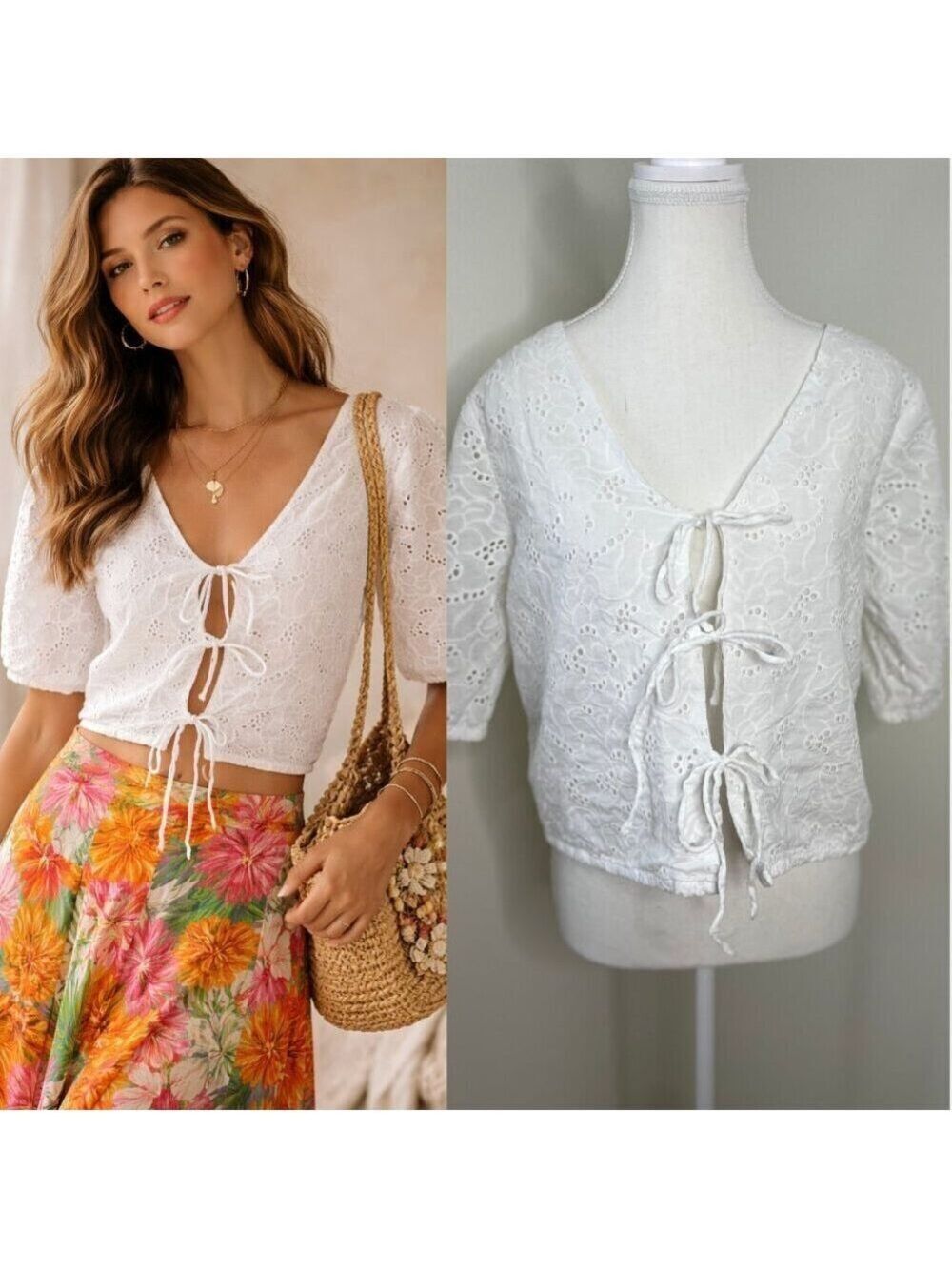 Tissaia Front Tie Embroidered Eyelet Blouse